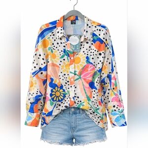 Cicibird Colorful Abstract Floral Button Down Blouse XL Statement Top